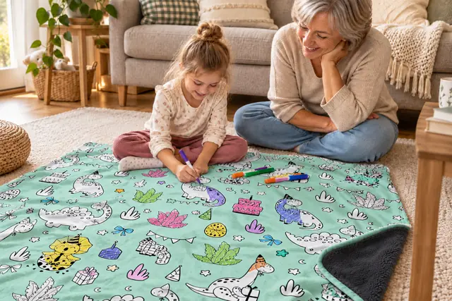 Mädchen malt die Ausmaldecke mit Dinomotiv auf dem Wohnzimmerboden aus, die Großmutter schaut zu
